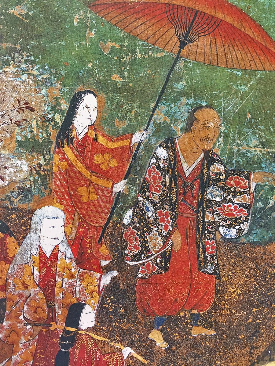 Detail of the Daigo Flower-Viewing Screen showing a man walking under a red parasol with women attendants