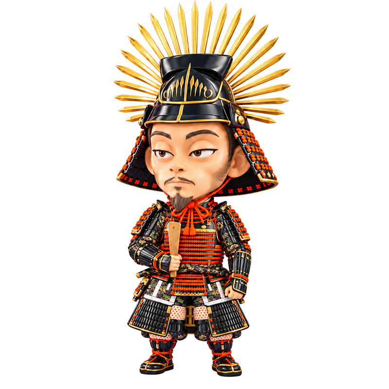 Illustrated figure of Toyotomi Hideyoshi in armor with a sunburst helmet crest