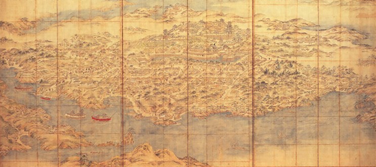 Folding screen showing Nagoya Castle in Hizen and the surrounding town, the base for the invasions of Korea