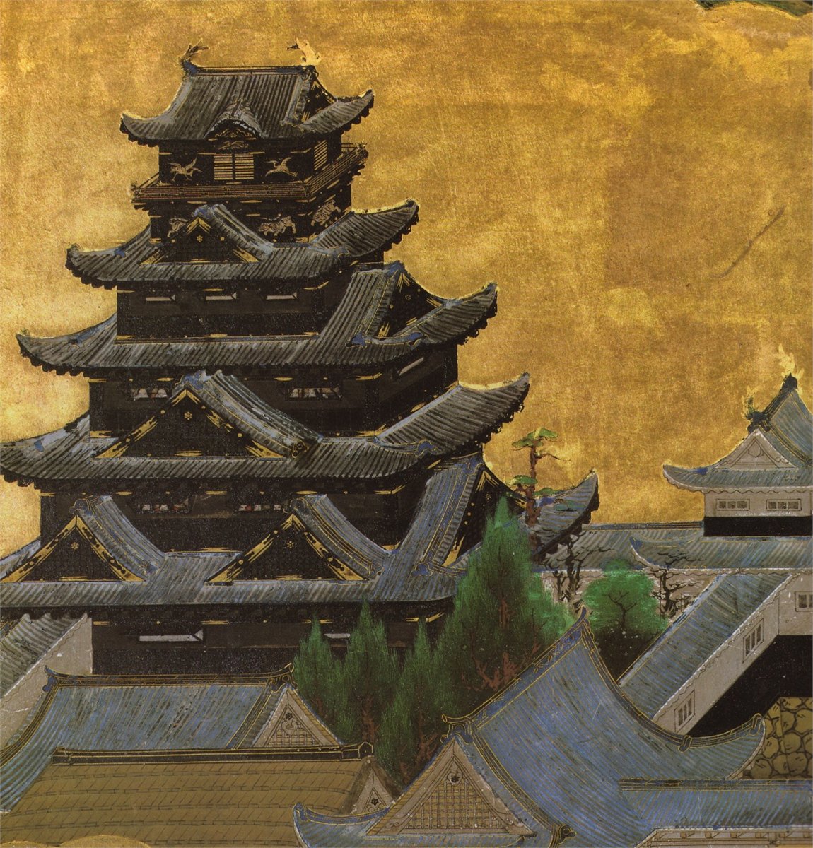 The main keep of Toyotomi-era Osaka Castle as painted on the Osaka Summer Campaign Screens