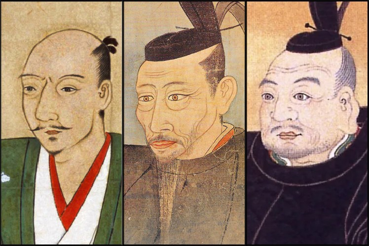 Portraits of Oda Nobunaga, Toyotomi Hideyoshi, and Tokugawa Ieyasu side by side