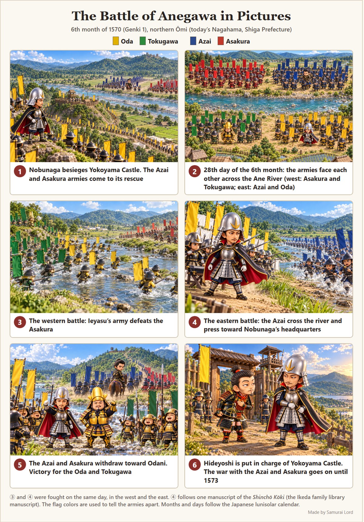 Six pictures showing the course of the Battle of Anegawa: the siege of Yokoyama Castle, the two sides facing each other, the western battle, the eastern battle, the Azai and Asakura withdrawal, and Hideyoshi taking charge of Yokoyama Castle