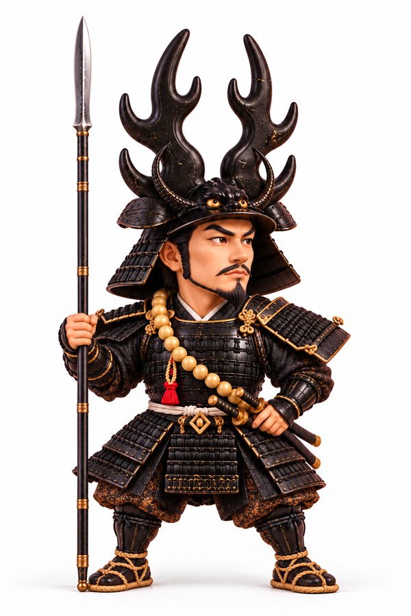 鹿の角の兜と黒い鎧を身につけ、大きな数珠をかけて長い槍を立てて持つ本多忠勝のイラスト