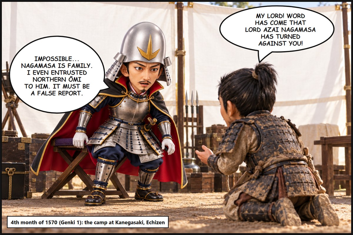 Manga panel. At the camp at Kanegasaki, a messenger says, 'My lord! Word has come that Lord Azai Nagamasa has turned against you!' and Oda Nobunaga replies, 'Impossible... Nagamasa is family. I even entrusted northern Ōmi to him. It must be a false report.'