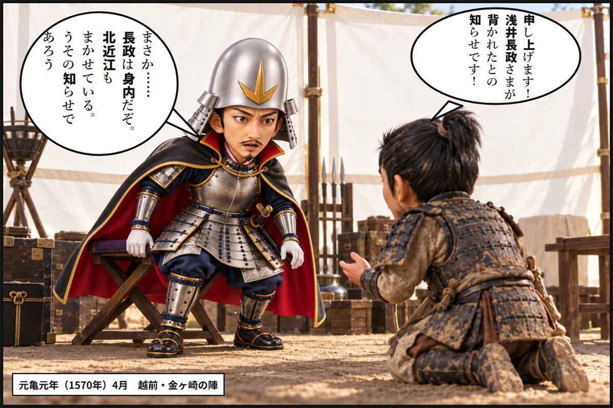 金ヶ崎の陣で、浅井長政が背いたという知らせを聞いて驚く織田信長の漫画のコマ
