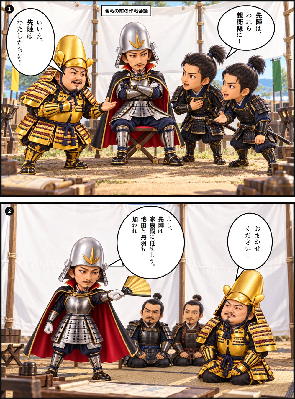 合戦の前の作戦会議で、徳川家康と信長の親衛隊が先陣を申し出て、信長が家康に任せる2コマの漫画
