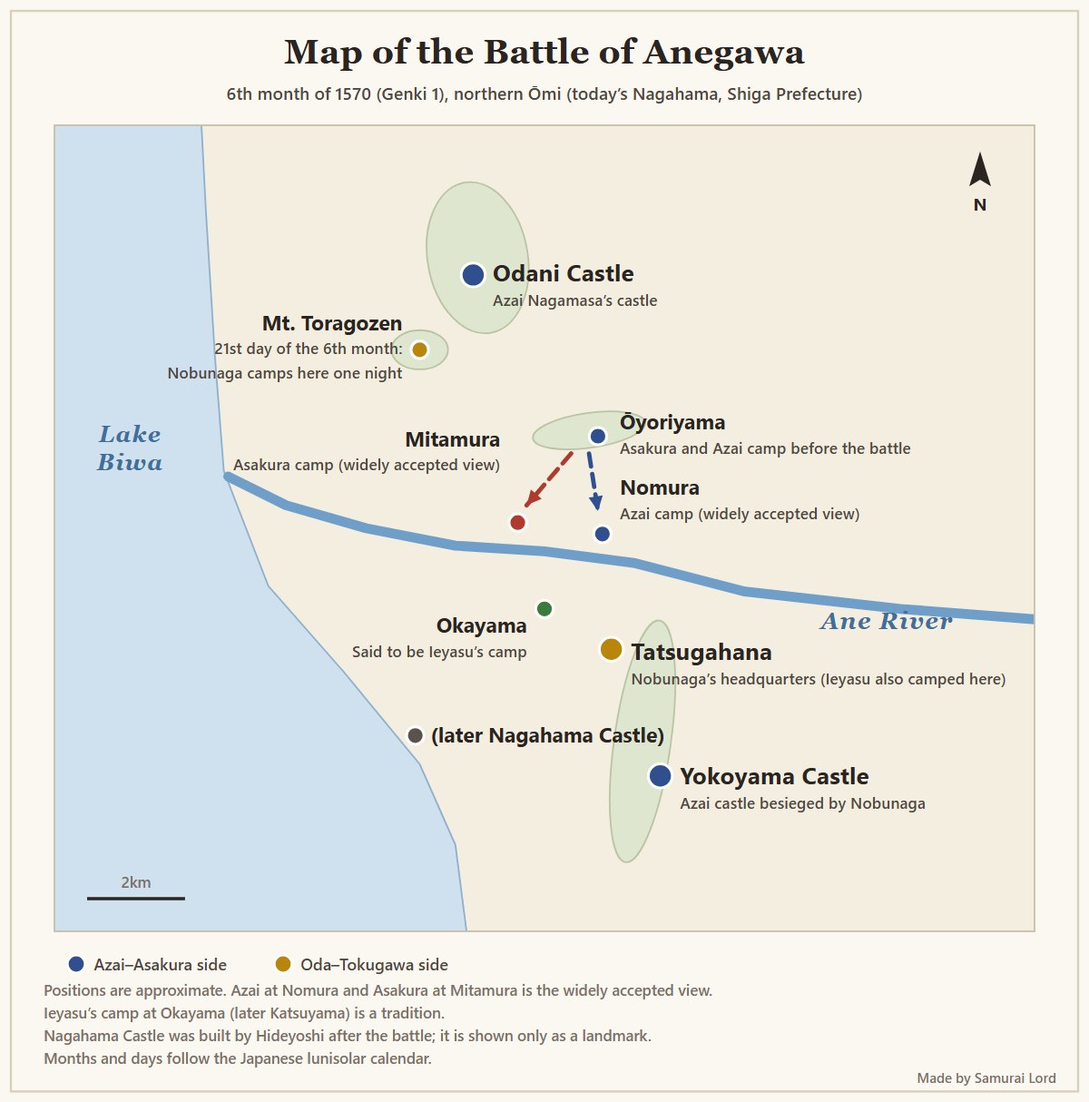 Map of the Battle of Anegawa showing, from north to south, Odani Castle, Ōyoriyama, the villages of Nomura and Mitamura on the north bank of the Ane River, and Tatsugahana and Yokoyama Castle on the south side