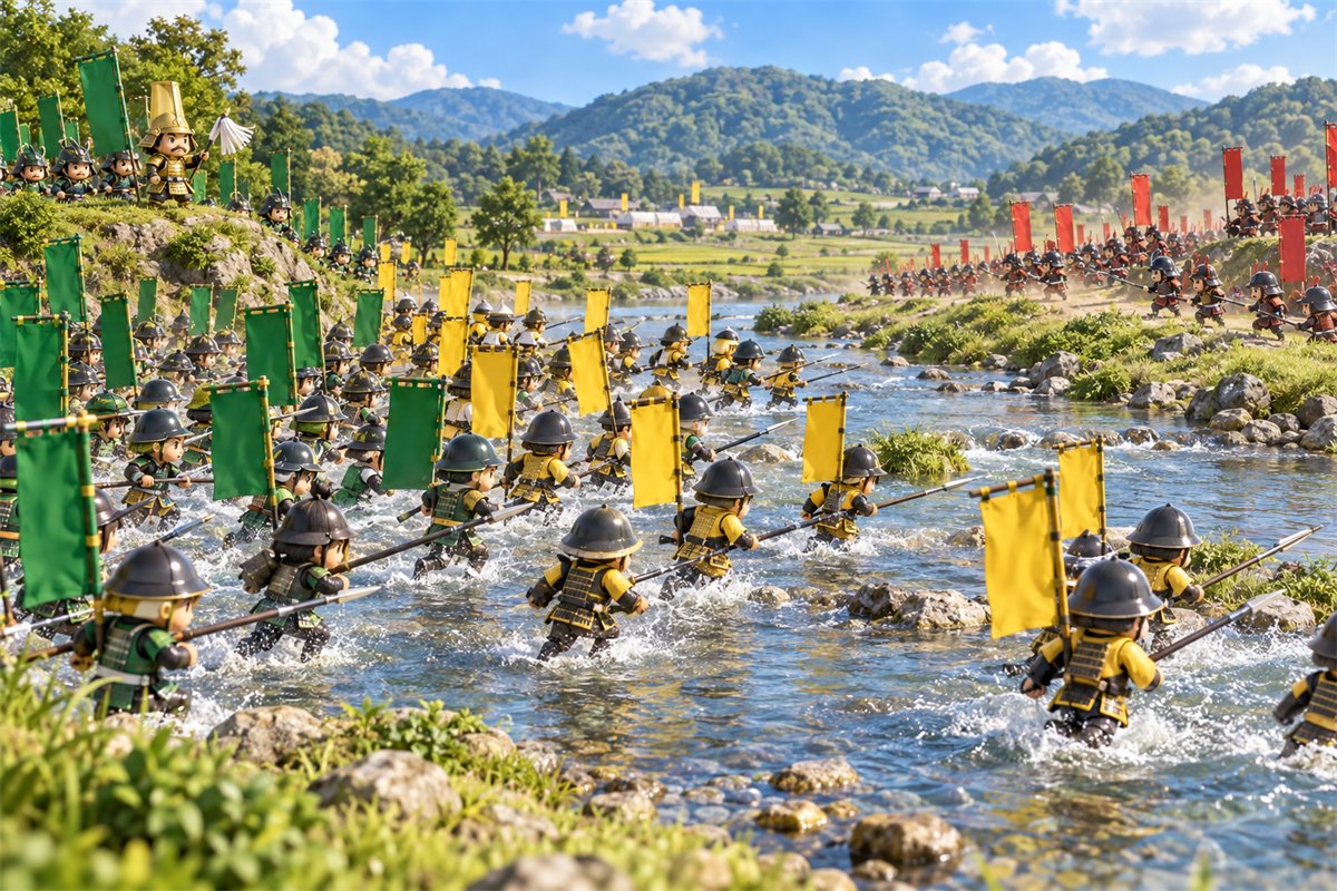 浅い川を渡って朝倉軍に向かう徳川軍と、丘の上で指図する徳川家康のイラスト