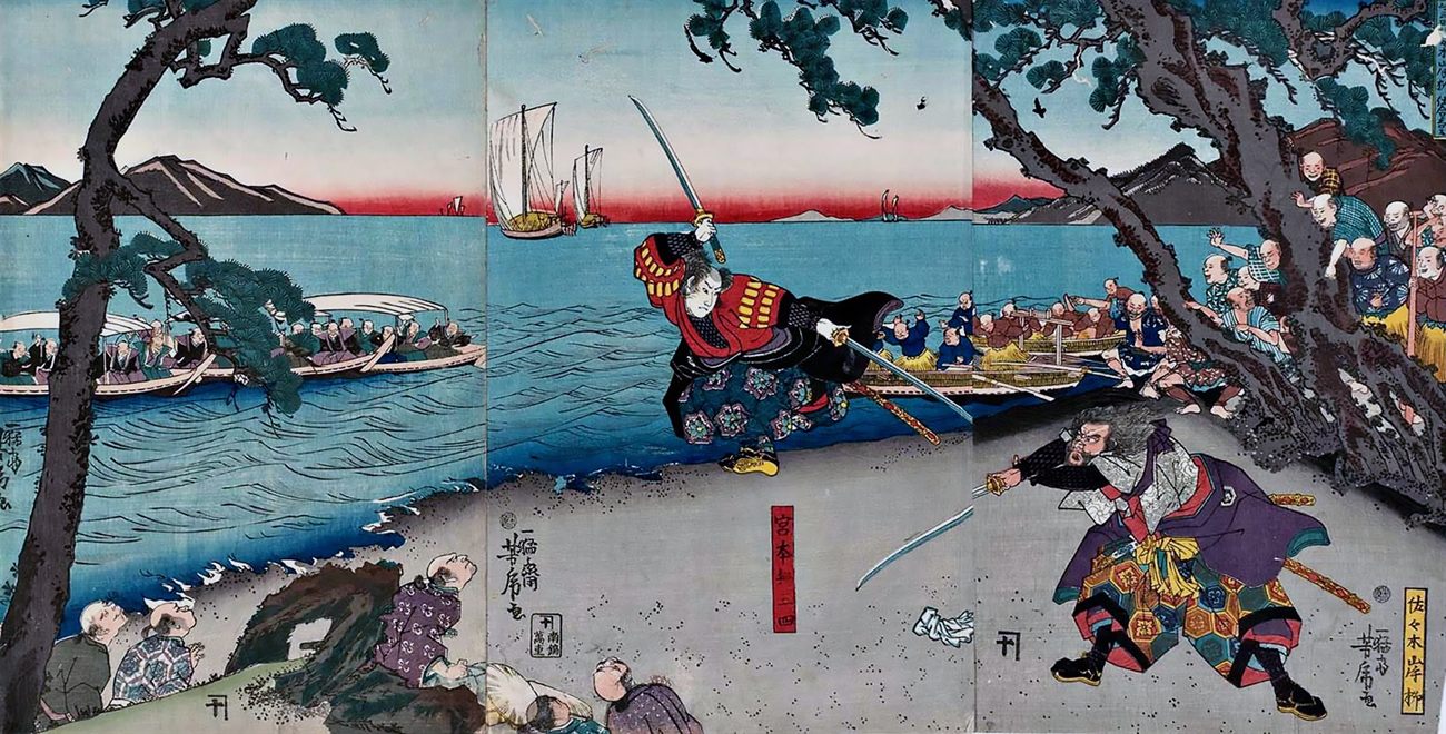 Edo-period woodblock print of Miyamoto Musashi and Sasaki Kojiro fighting on Ganryujima