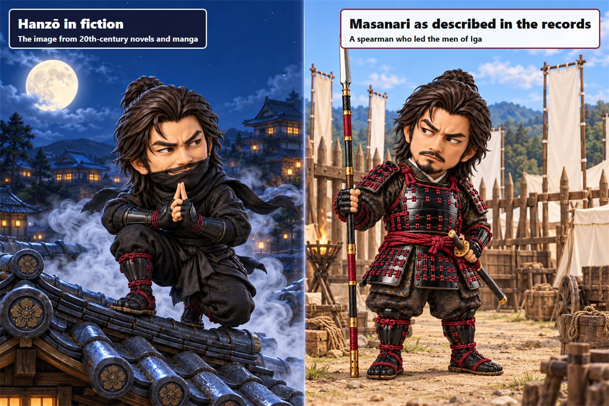 Two illustrations side by side. Left: Hanzō in a black ninja outfit making a hand sign on a rooftop at night. Right: Masanari in armor holding a spear, looking doubtfully at the ninja