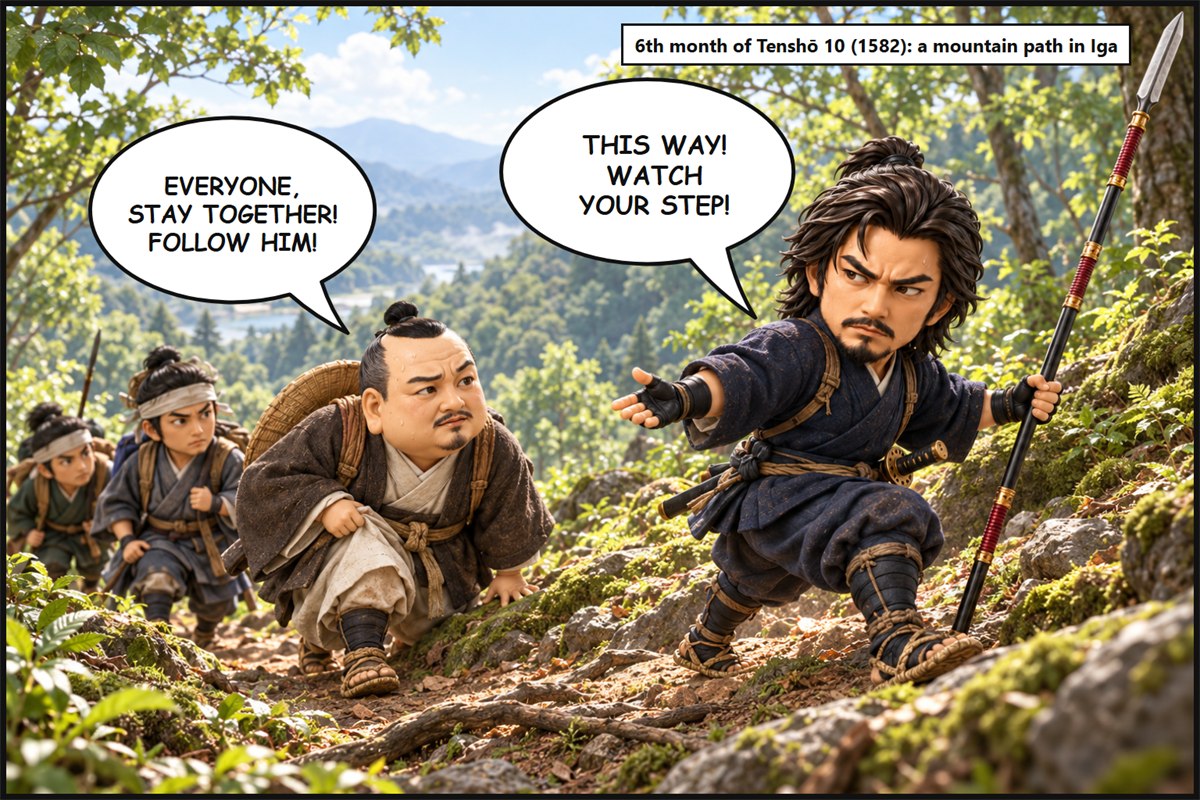 Manga panel on a mountain path in Iga. Hattori Masanari, at the front, turns back and points the way, saying 'This way! Watch your step!' Tokugawa Ieyasu, dressed for travel and sweating as he climbs, says 'Everyone, stay together! Follow him!'