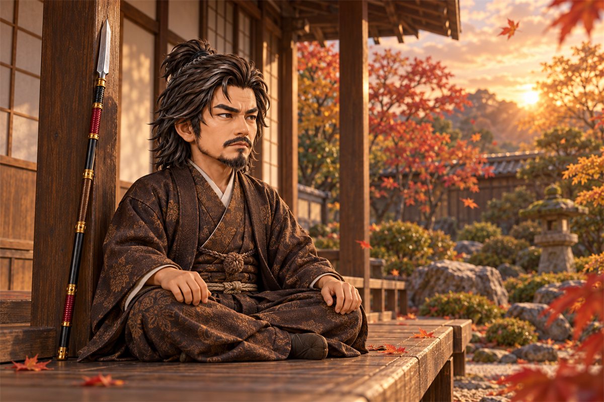 晩秋の武家屋敷の縁側に座り、そばに槍を立てかけて庭をながめる、白髪まじりの服部正成のイラスト