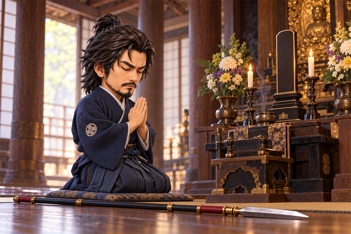 寺の本堂で、槍を床に置き、位牌の前に正座して目を閉じ手を合わせる服部正成のイラスト