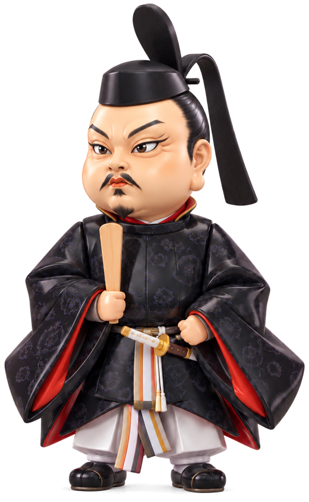 Illustrated figure of Toyotomi Hidenaga in black court robes, holding a ritual baton
