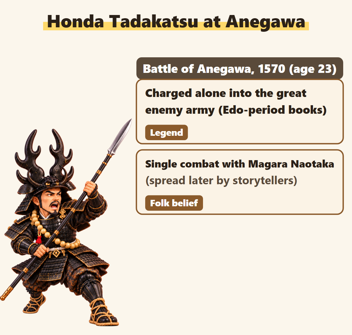 His lone charge at Anegawa is a legend from Edo-period books, and the single combat with Magara Naotaka is folk belief