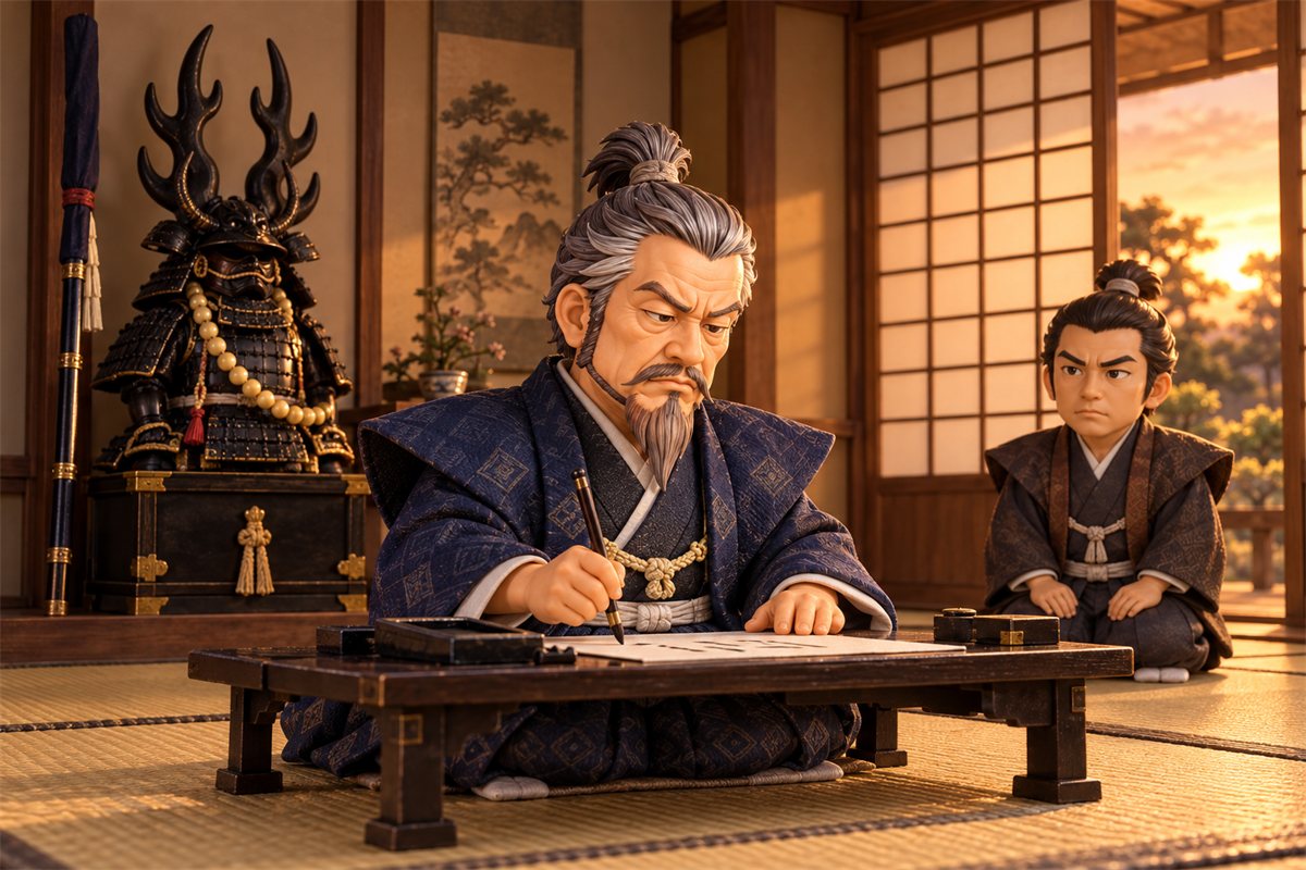 The elderly Tadakatsu writing with a brush at a low desk, his antlered helmet and armor displayed in the alcove behind him