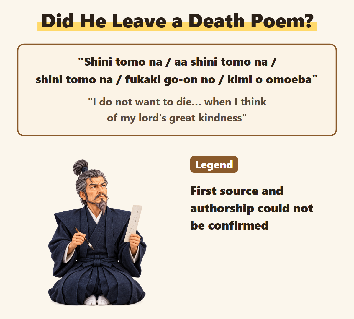 The poem presented as his death poem and its meaning; its first source and authorship cannot be confirmed