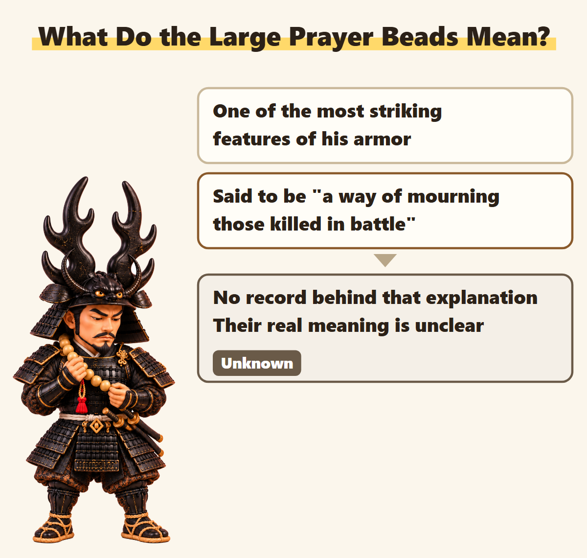 His huge prayer beads are said to mourn the fallen, but no record supports that explanation