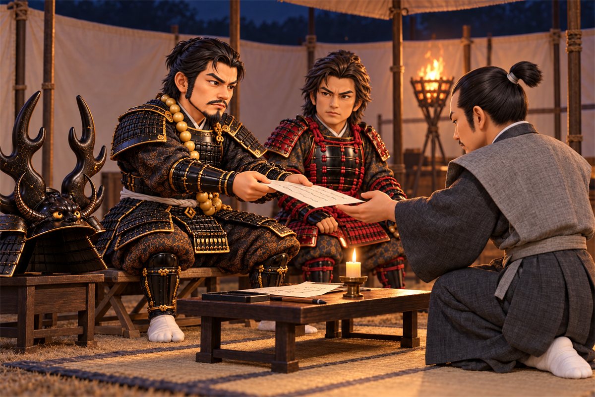 Tadakatsu holding out a document at a low table in a night camp as Ii Naomasa in red armor nods and an envoy receives it