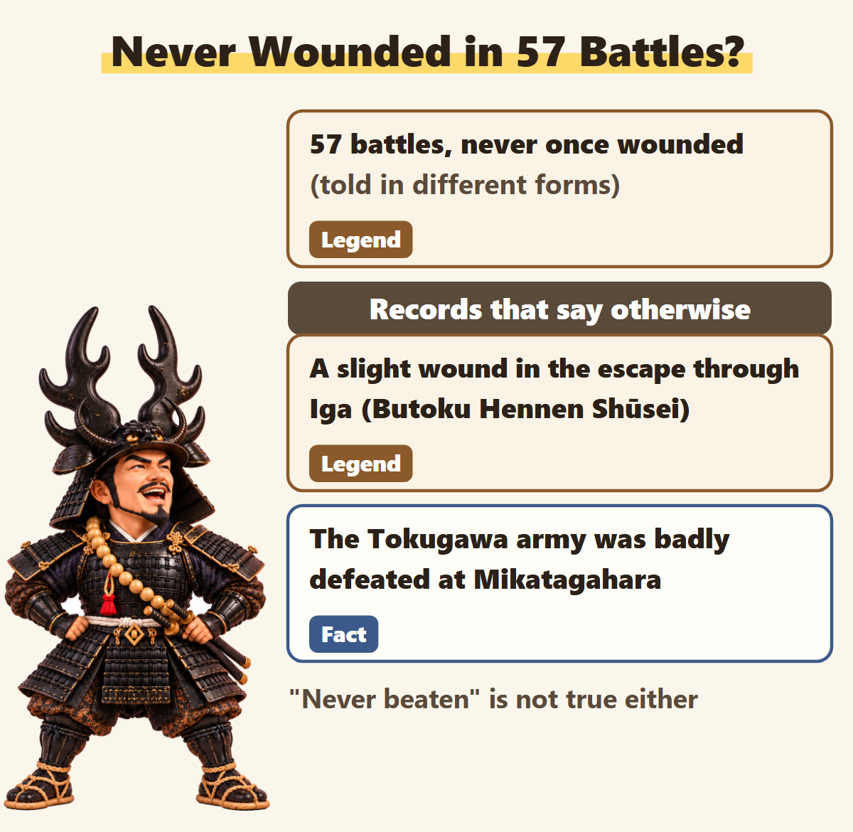 The tale of 57 battles without a wound is a legend; a record of a slight wound and the defeat at Mikatagahara say otherwise