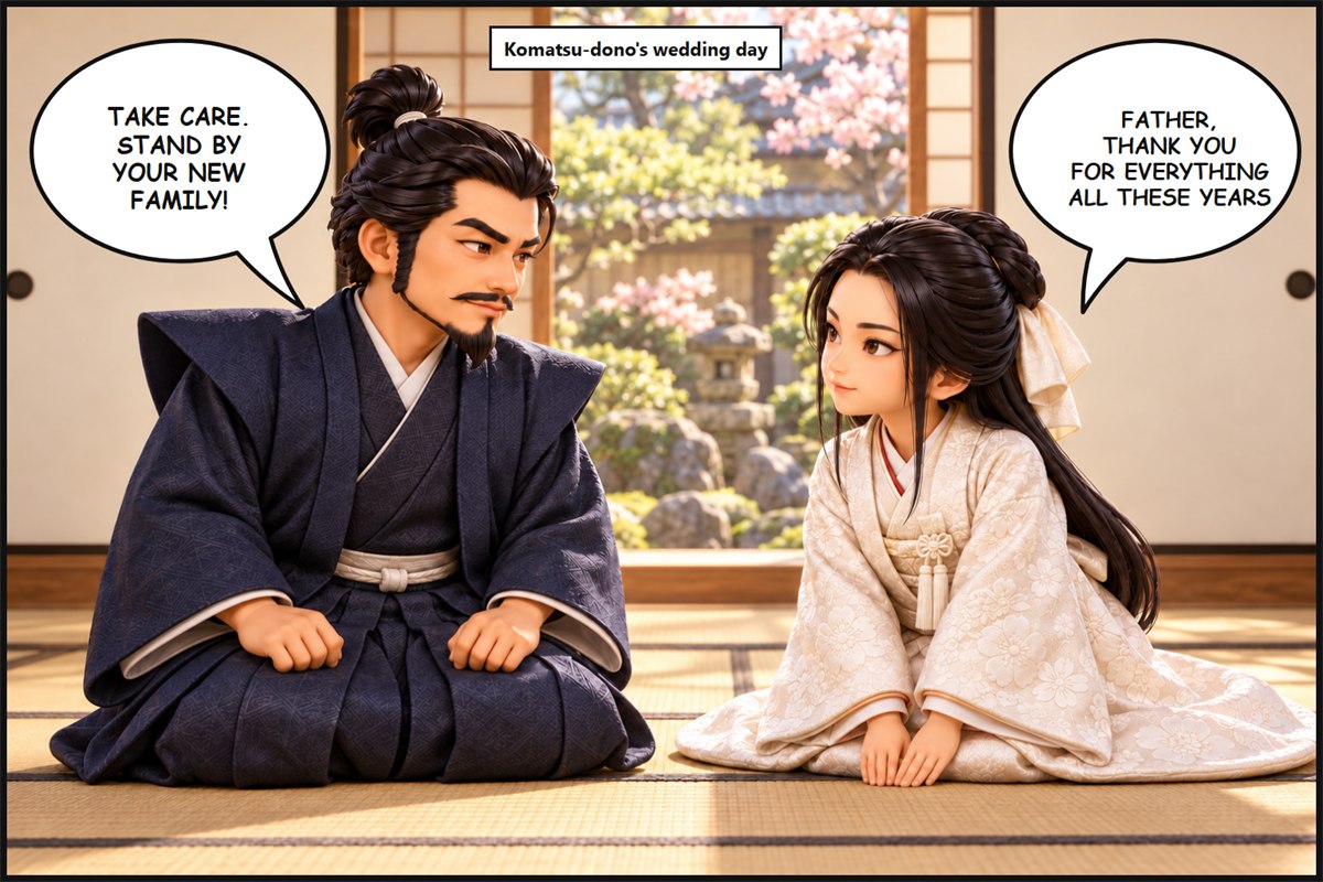 Manga panel. Honda Tadakatsu says to his daughter, 'Take care. Stand by your new family!' Komatsu-dono, in a white wedding robe, says, 'Father, thank you for everything all these years.'