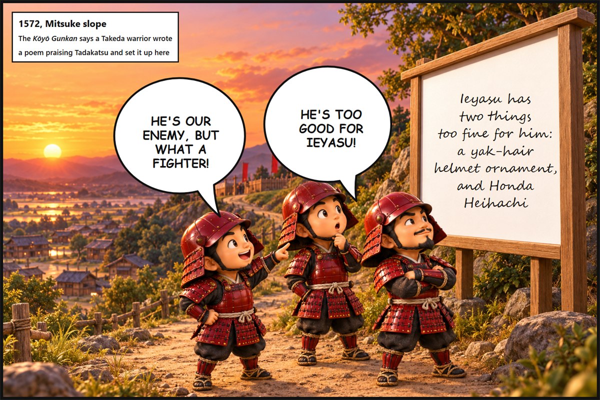 Manga panel. Takeda soldiers read a poem on a signboard on a slope: 'Ieyasu has two things too fine for him: a yak-hair helmet ornament, and Honda Heihachi.' One says, 'He's our enemy, but what a fighter!' Another says, 'He's too good for Ieyasu!'