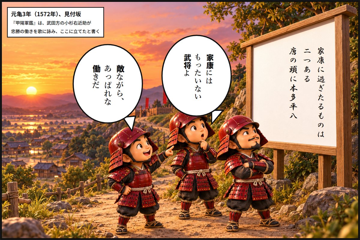 坂に立てられた札の歌を読む武田の兵たちの漫画のコマ