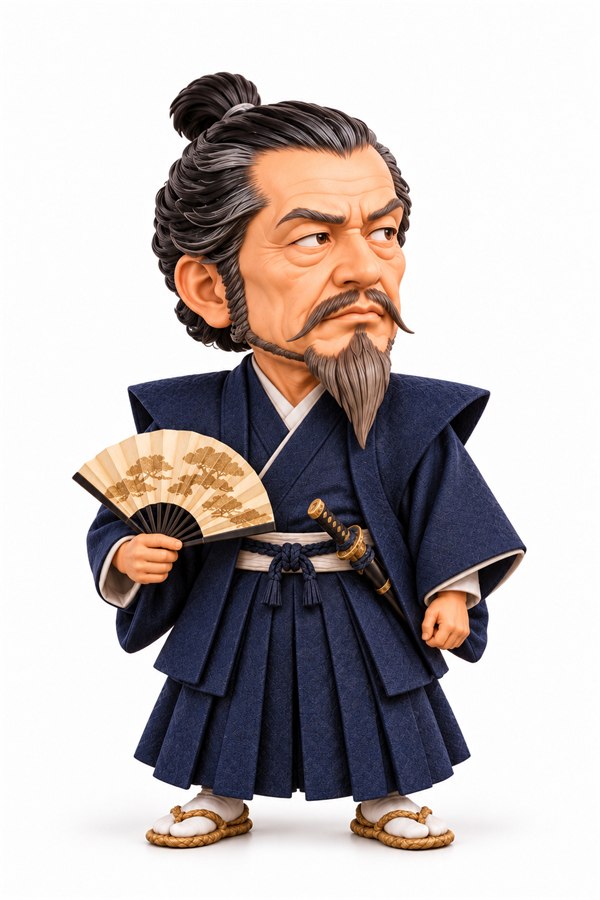 紺色の肩衣と袴を着て扇を持つ、晩年の本多忠勝のイラスト