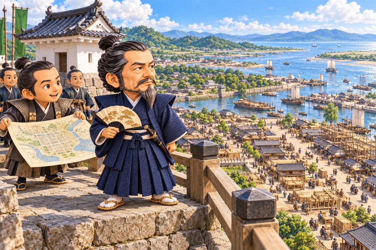 桑名の城から、新しくつくられる城下町と川を見わたす晩年の本多忠勝のイラスト