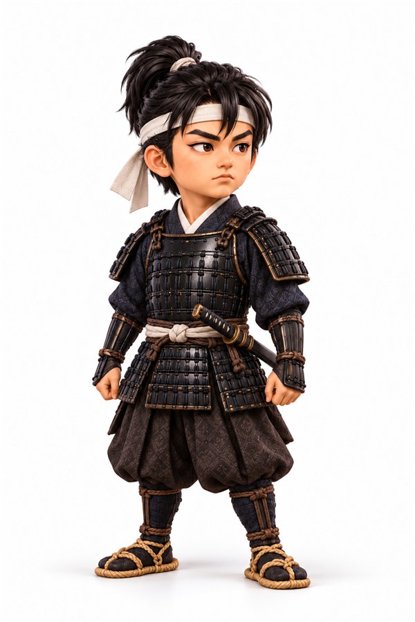 はちまきをしめ、少年用の黒い鎧を着た少年時代の本多忠勝のイラスト
