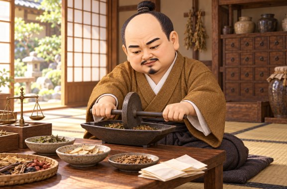 Illustration of Tokugawa Ieyasu grinding medicinal herbs with a mortar