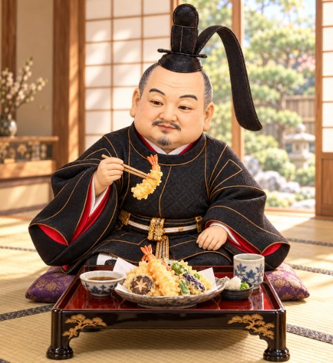 Illustration of Tokugawa Ieyasu eating tempura from a tray with chopsticks