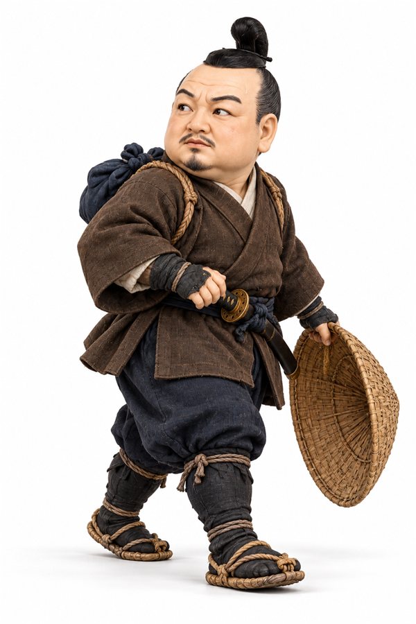 こげ茶の小袖に紺の袴の旅姿で、笠を手に持ち、緊張した顔で肩ごしに後ろをふり返る徳川家康のイラスト