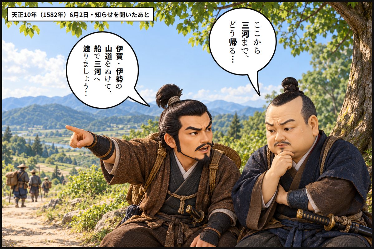 木陰で考えこむ徳川家康に、本多忠勝が遠くの山を指さして伊賀と伊勢の山道を通って三河へ帰ろうと説く漫画のコマ