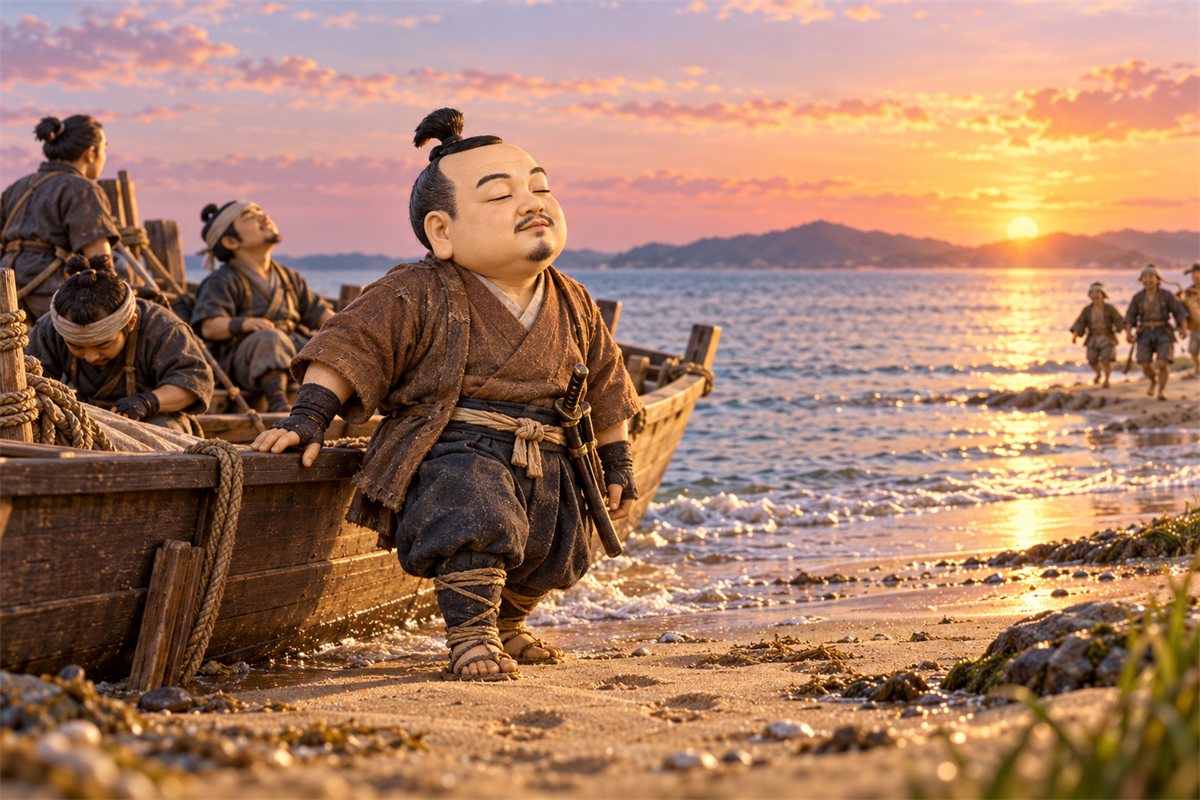 明け方の大浜の浜辺で、船からおりて肩の力が抜け、大きく息をはく徳川家康と家臣たちのイラスト