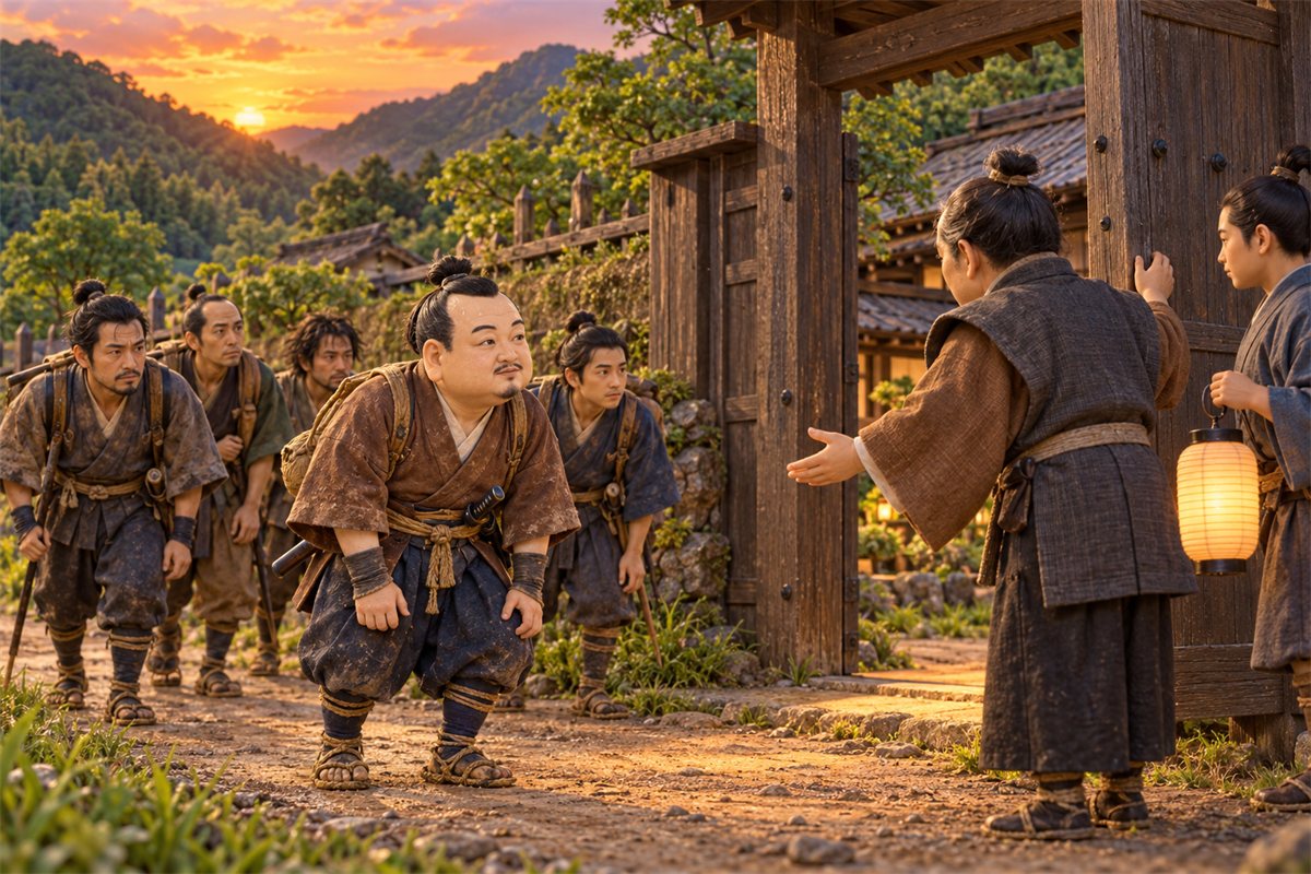 夕方、信楽の山あいの館の門の前で、地元の武士に迎え入れられ、ほっとした顔の徳川家康と家臣たちのイラスト