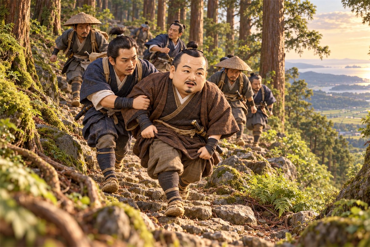夕方の峠の下り坂を、汗だくの徳川家康と家臣たちが急いで駆け下りてくるイラスト