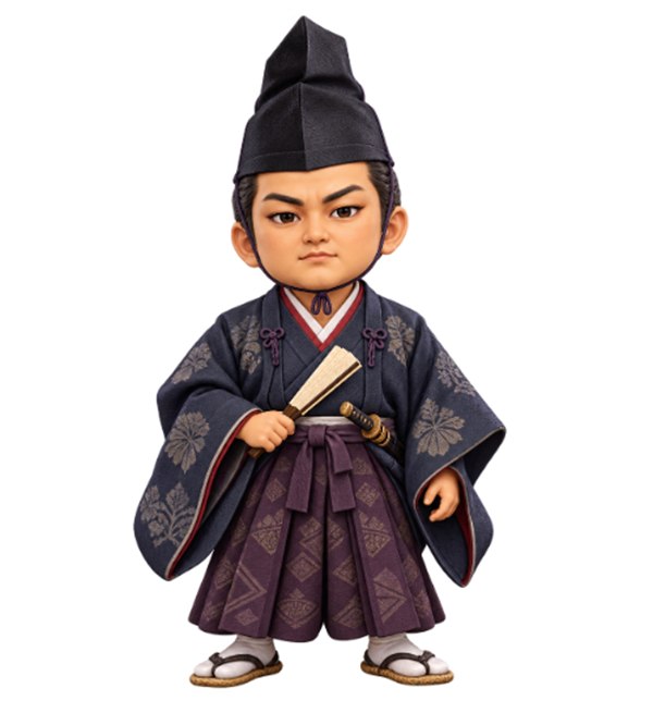 黒い烏帽子をかぶり、紺の直垂と紫の袴を着て扇を持つ今川義元のイラスト