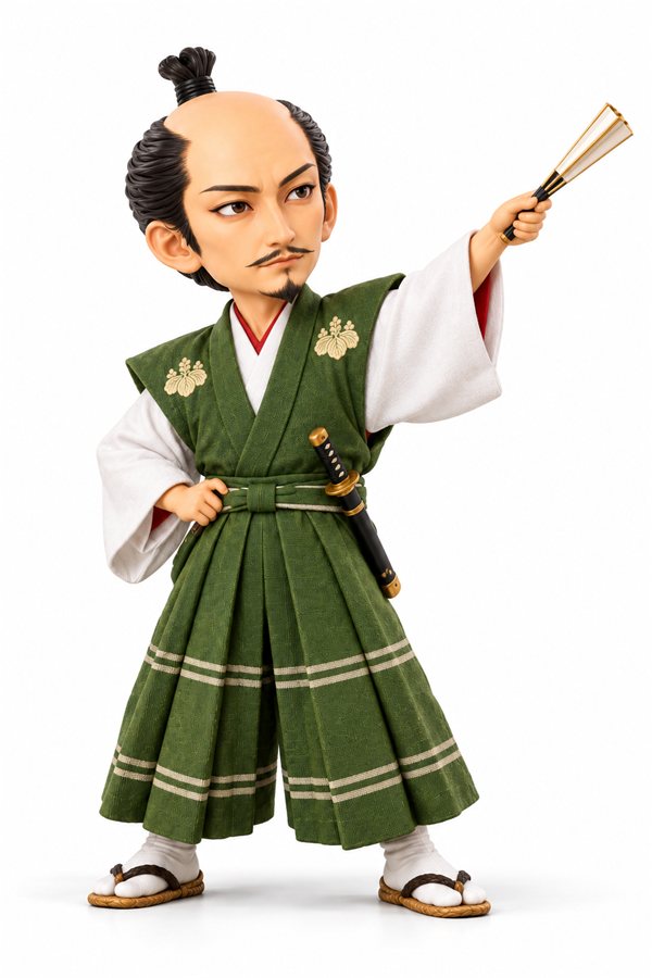 緑の肩衣と袴を着た織田信長が、閉じた扇で遠くを指して立つイラスト