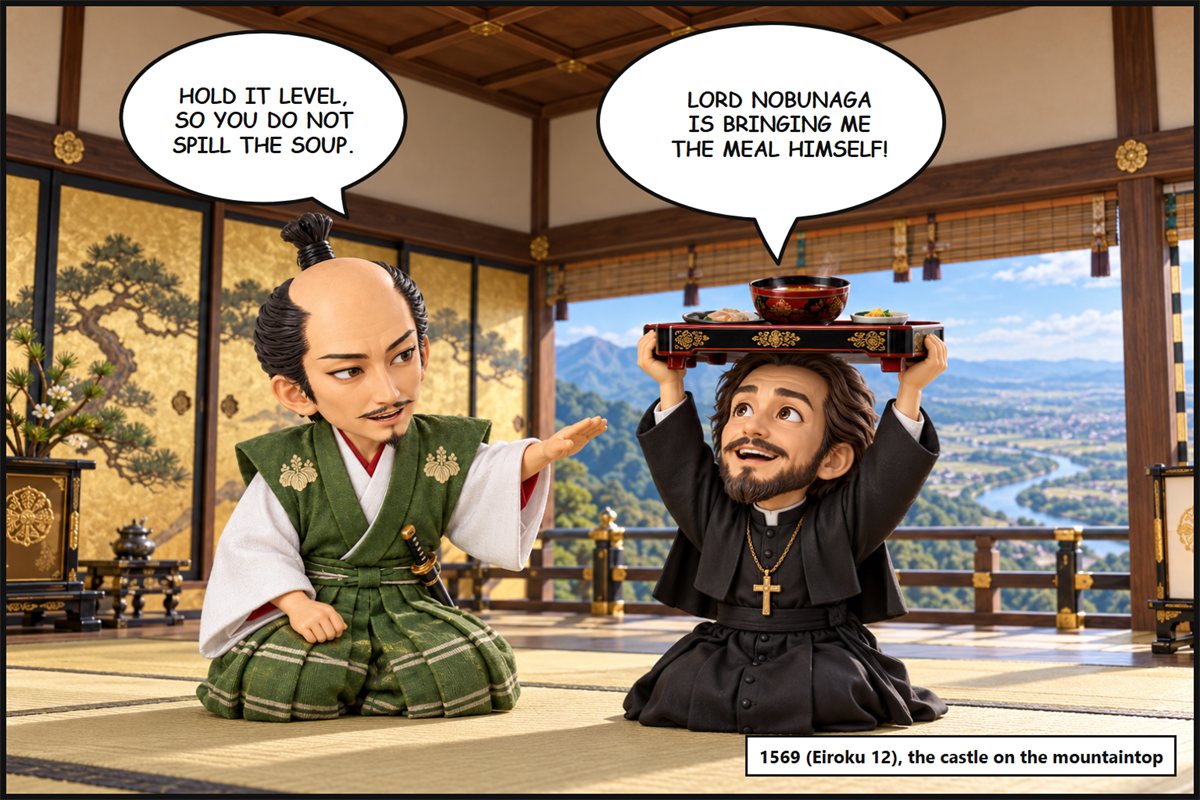 Manga panel. In a room of the mountaintop castle, the missionary Luís Fróis joyfully raises a meal tray above his head and says, 'Lord Nobunaga is bringing me the meal himself!' Oda Nobunaga tells him, 'Hold it level, so you do not spill the soup.'
