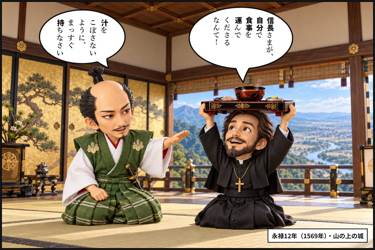 山の上の城の座敷で、宣教師フロイスが感激して膳を頭の上にかかげ、織田信長がまっすぐ持つように声をかける漫画のコマ