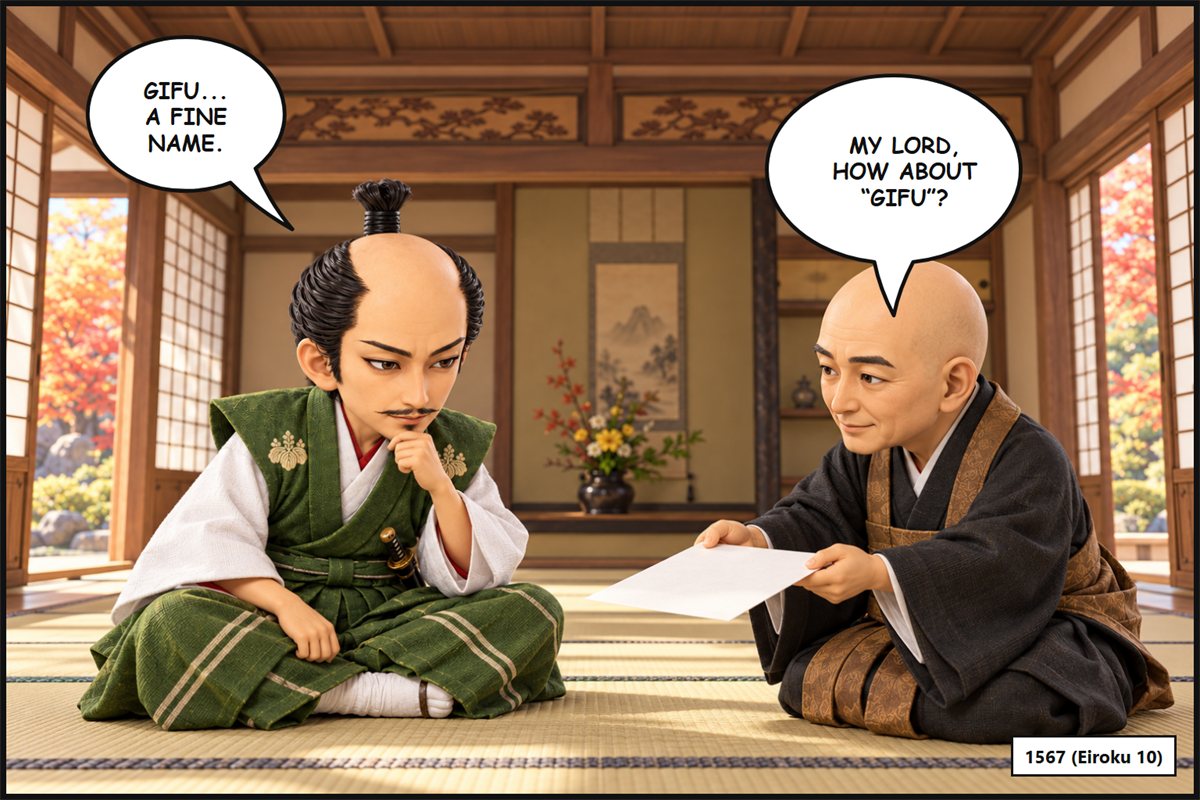 Manga panel. In a reception room, the Zen monk Takugen holds out a sheet of white paper and says, 'My lord, how about Gifu?' Oda Nobunaga leans forward, thinking, and says, 'Gifu... a fine name.'