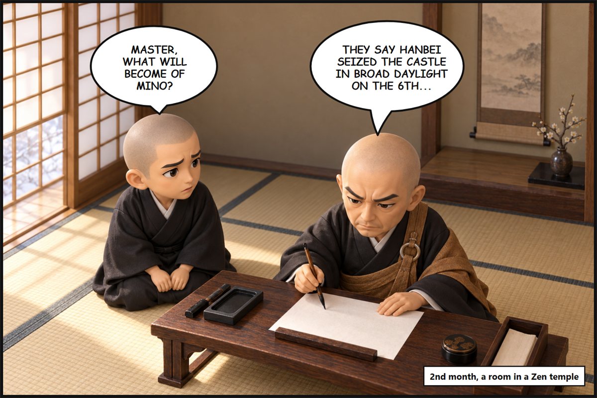 Manga panel. In a room of a Zen temple, the elderly monk Kaisen writes a letter with a stern face and says, 'They say Hanbei seized the castle in broad daylight on the 6th...' A young monk asks anxiously, 'Master, what will become of Mino?'
