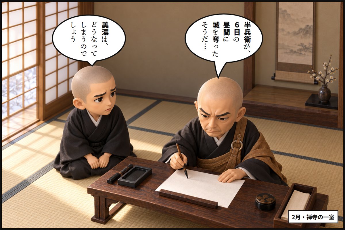 禅寺の一室で、年配の禅僧の快川が険しい顔で手紙を書き、若い僧が心配そうに見守る漫画のコマ