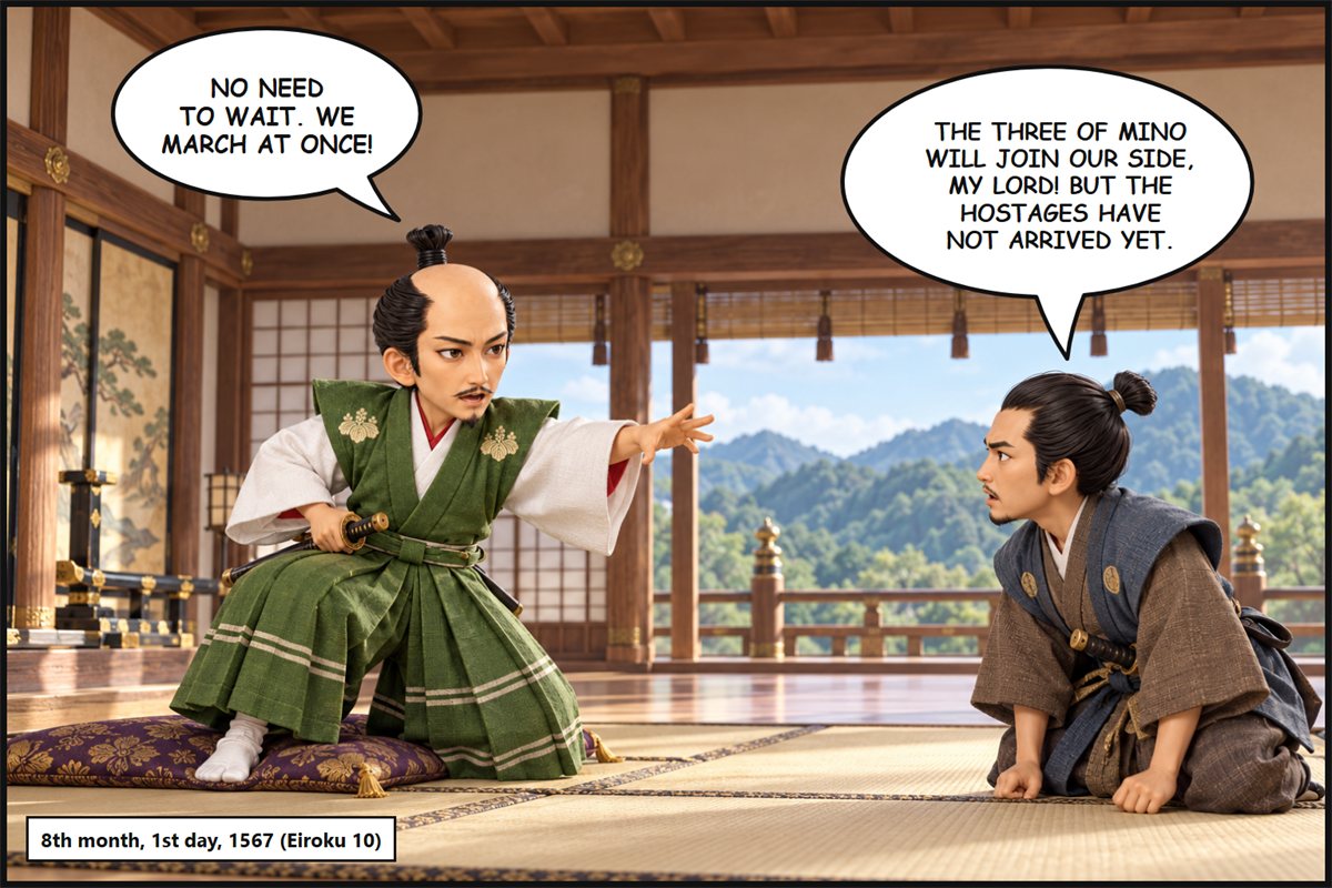 Manga panel. In the hall of a castle, a messenger says, 'The Three of Mino will join our side, my lord! But the hostages have not arrived yet.' Oda Nobunaga rises on one knee and orders, 'No need to wait. We march at once!'