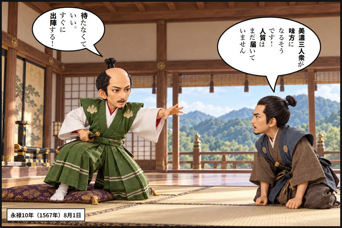 城の広間で、美濃の重臣たちが味方になるという知らせを聞いた織田信長が、片ひざを立てて立ち上がり出陣を命じる漫画のコマ