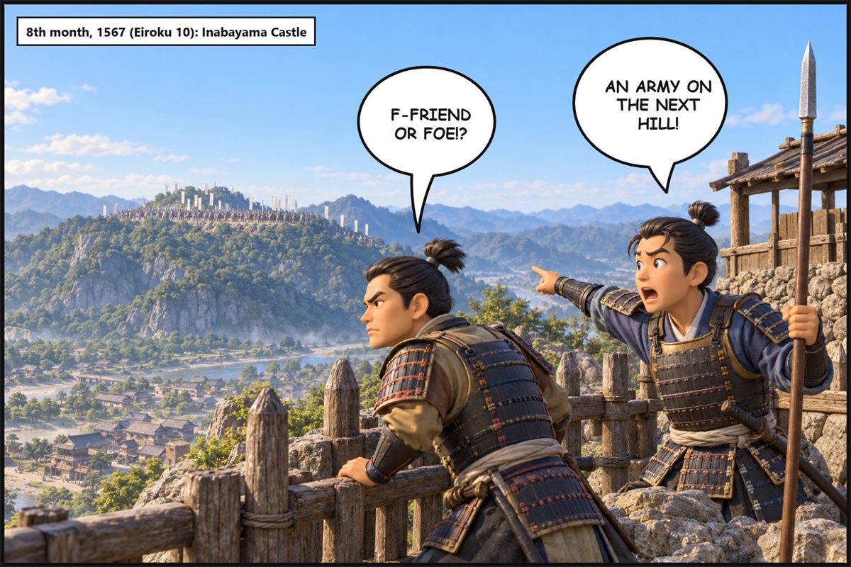 Manga panel. At a lookout of Inabayama Castle, a soldier points and shouts, 'An army on the next hill!' Another soldier asks in confusion, 'F-friend or foe!?'