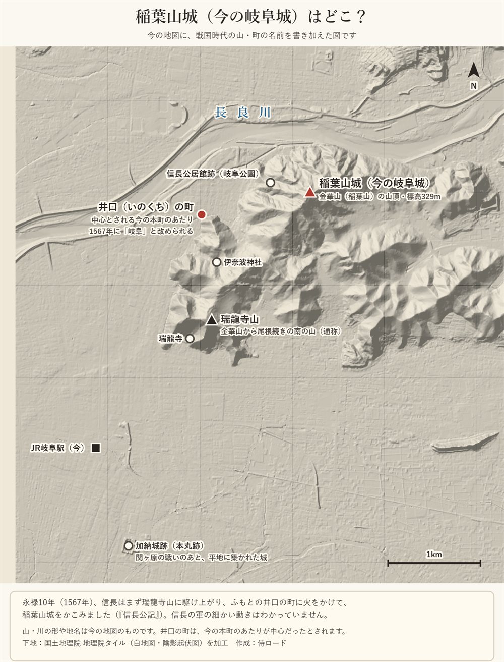 稲葉山城の位置の地図。金華山の山頂の稲葉山城、南の瑞龍寺山、ふもとの信長公居館跡、井口の町、長良川、JR岐阜駅、加納城跡を示している