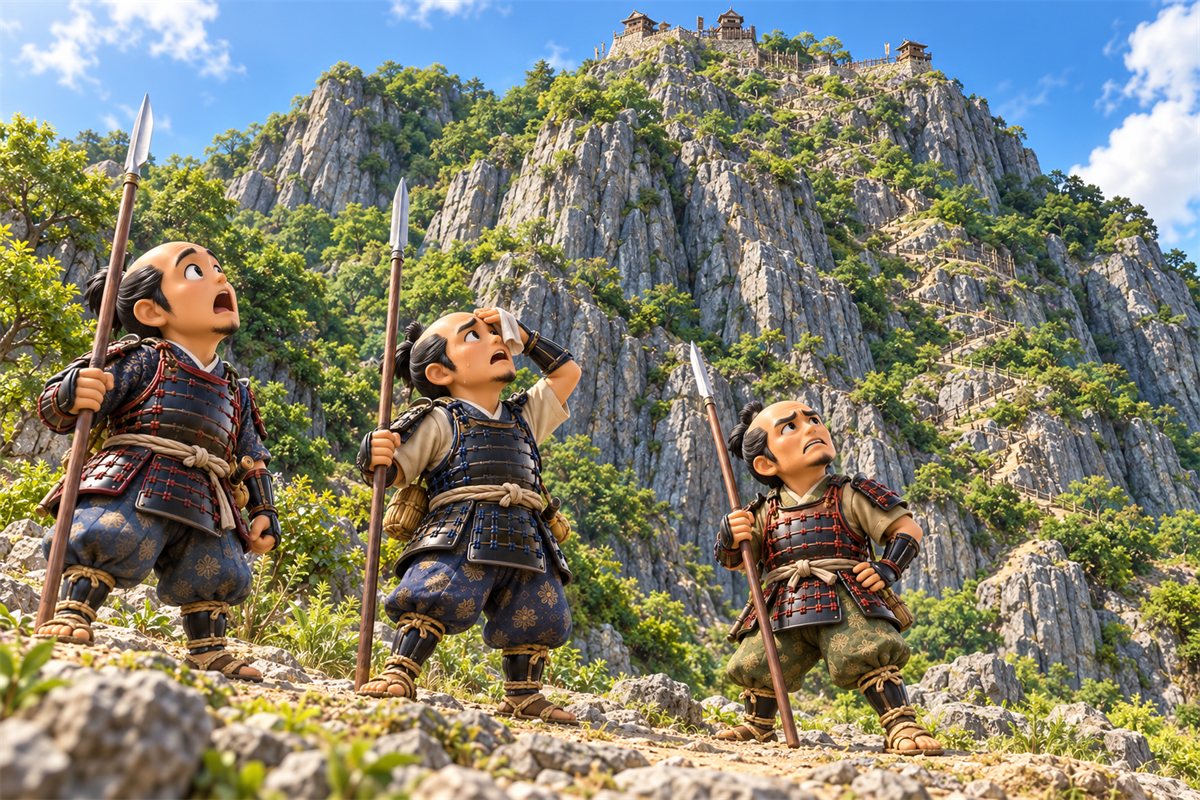 けわしい岩の崖の上の山城を、ふもとから兵たちが首をそらして見上げておどろくイラスト