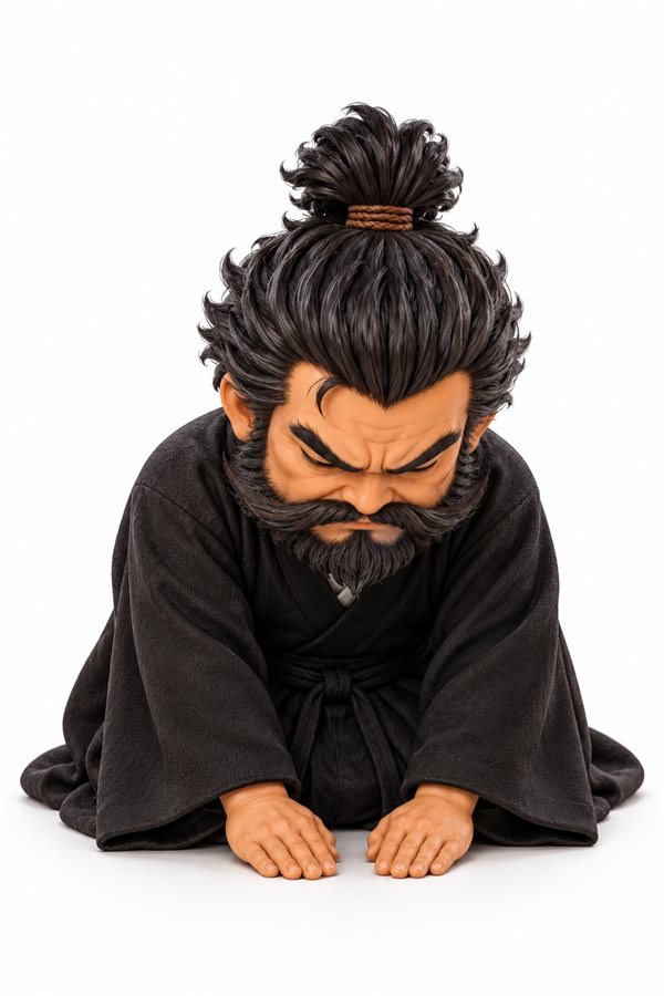 黒い墨染めの衣を着て、床に両手をつき深く頭を下げる柴田勝家のイラスト